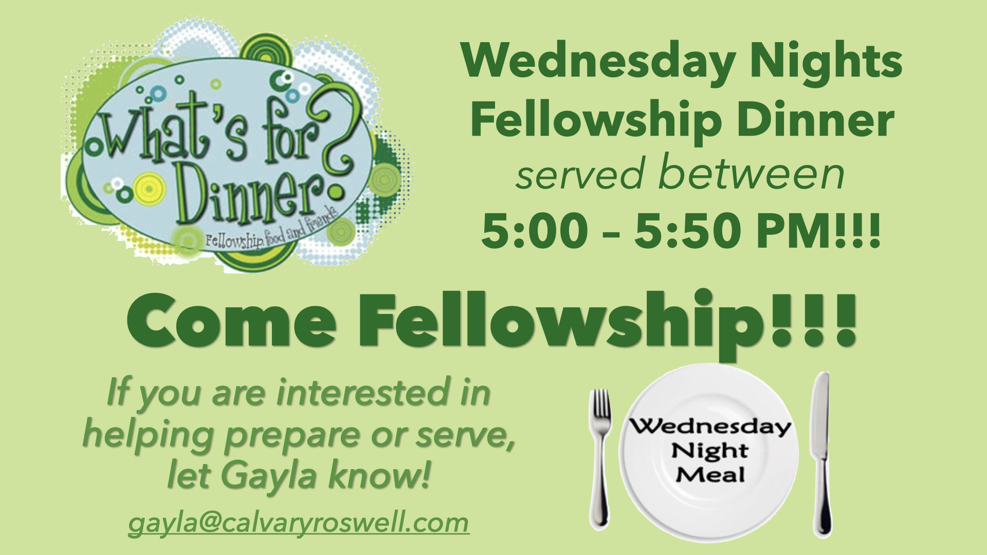 Wednesday Fellowship Dinner